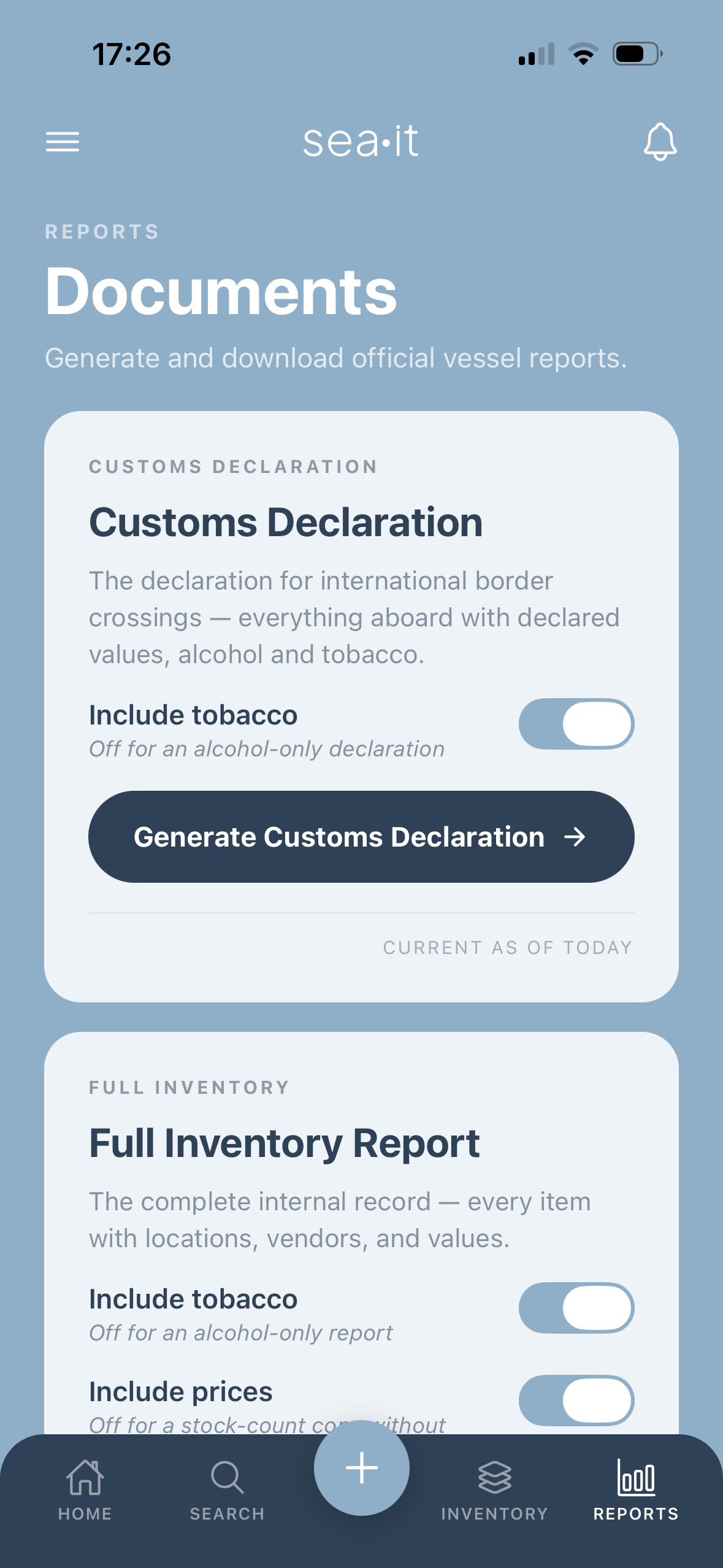 sea·it app showing the Documents screen with a customs declaration and a full inventory report