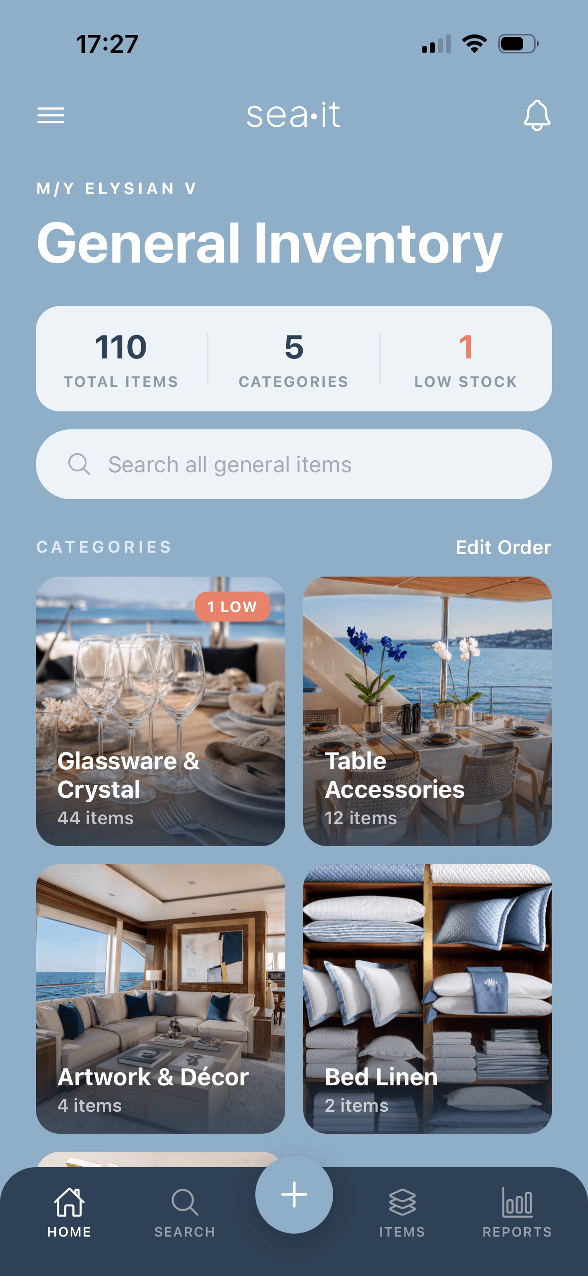 sea·it app showing the General Inventory screen with vessel categories such as glassware, table accessories, artwork and bed linen