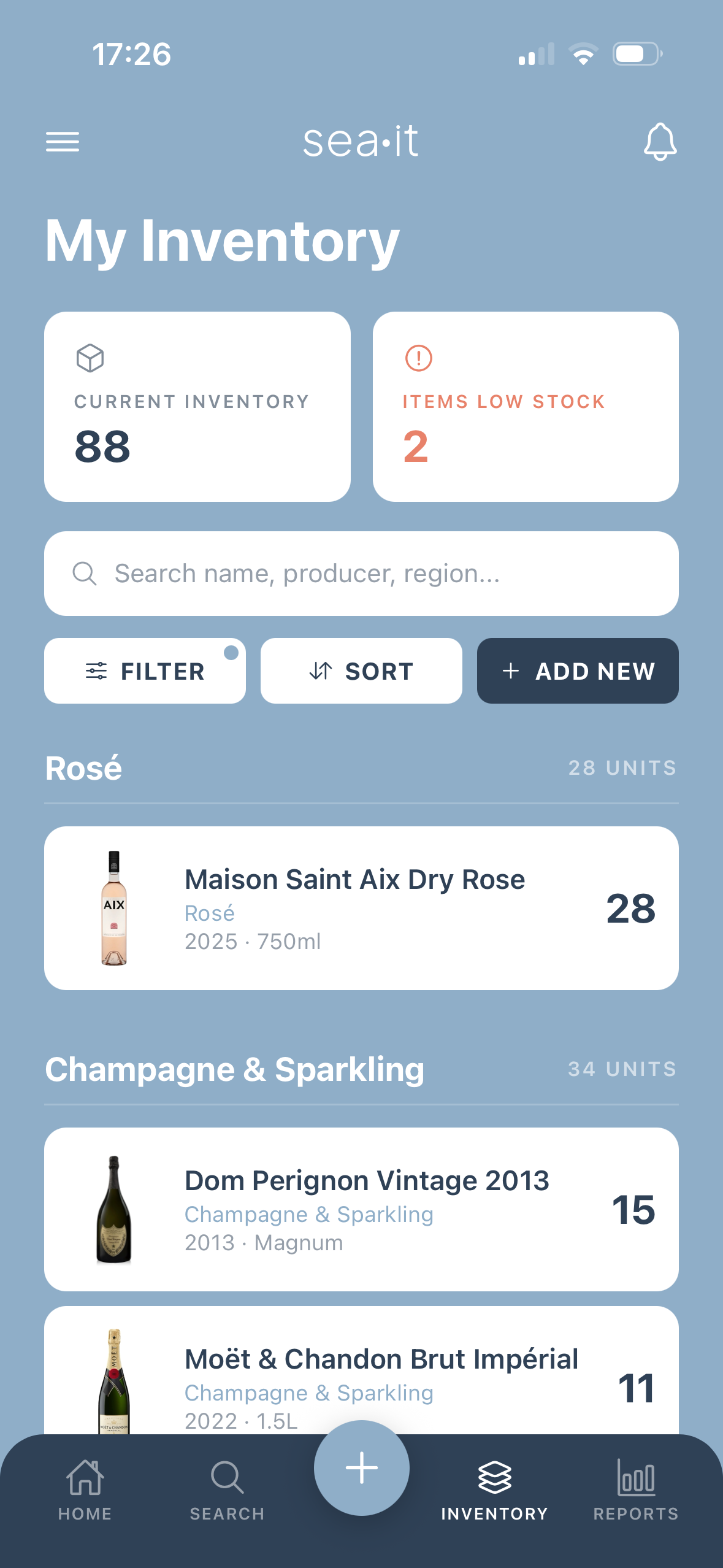 sea·it app showing the My Inventory screen with bottle counts grouped by category