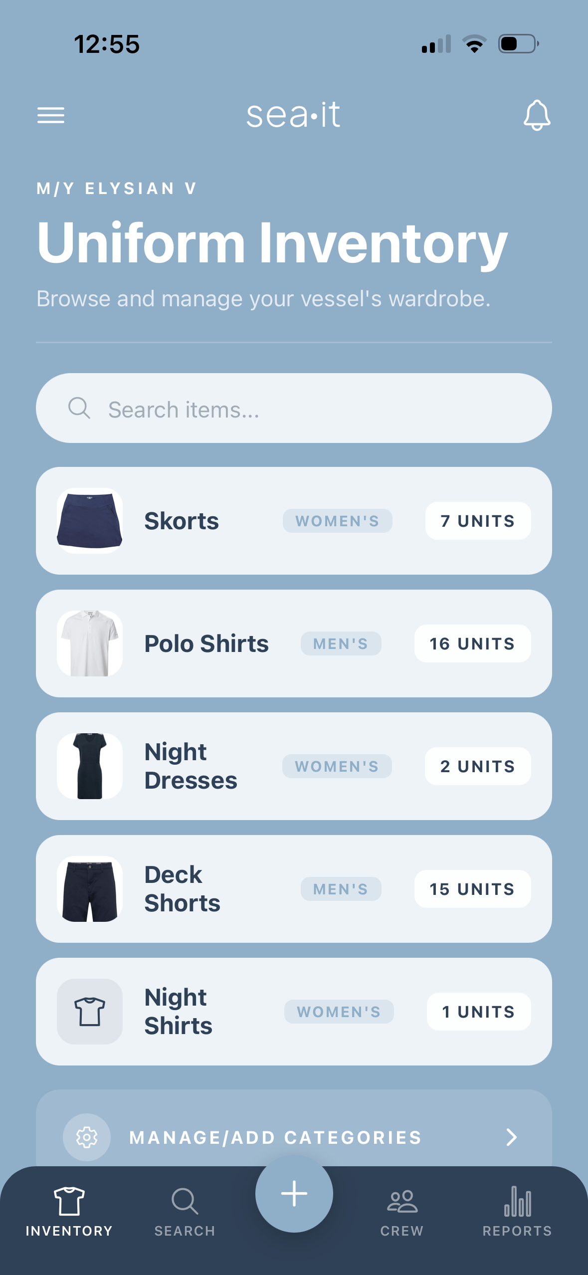 sea·it app showing the Uniform Inventory screen with crew wardrobe items grouped by category